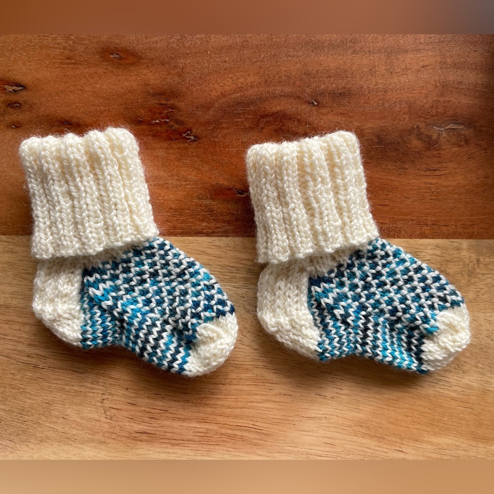 SOLD! Cozy Cream and Blue Knit Baby Socks